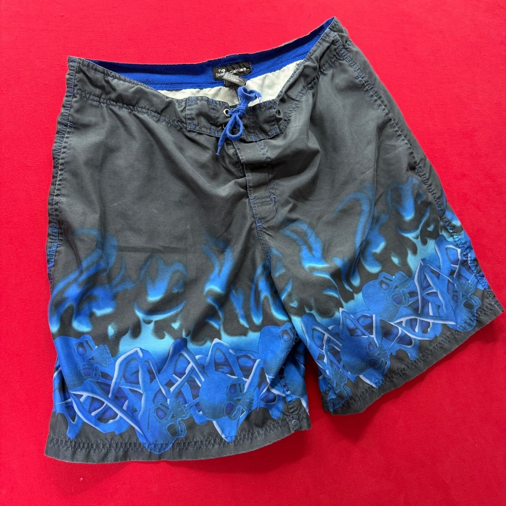 VINTAGE Y2K No Boundaries Mens Blue Flame Skull Board Shorts Swim Trunks SIZE 38